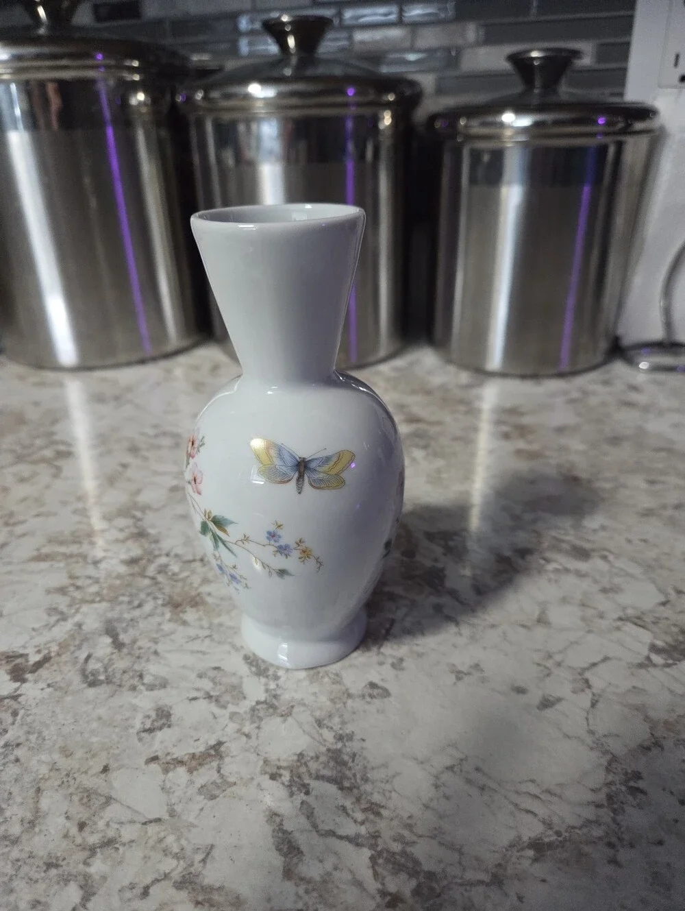 Vintage Limoges France White Porcelain Small Vase 5.5 Inches, Floral, Butterfly